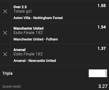 Schedina 26a giornata Premier League quota @3.27