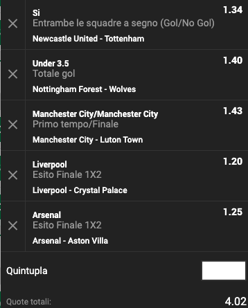 Schedina 33a giornata Premier League
