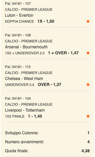 Schedina 36a giornata Premier League