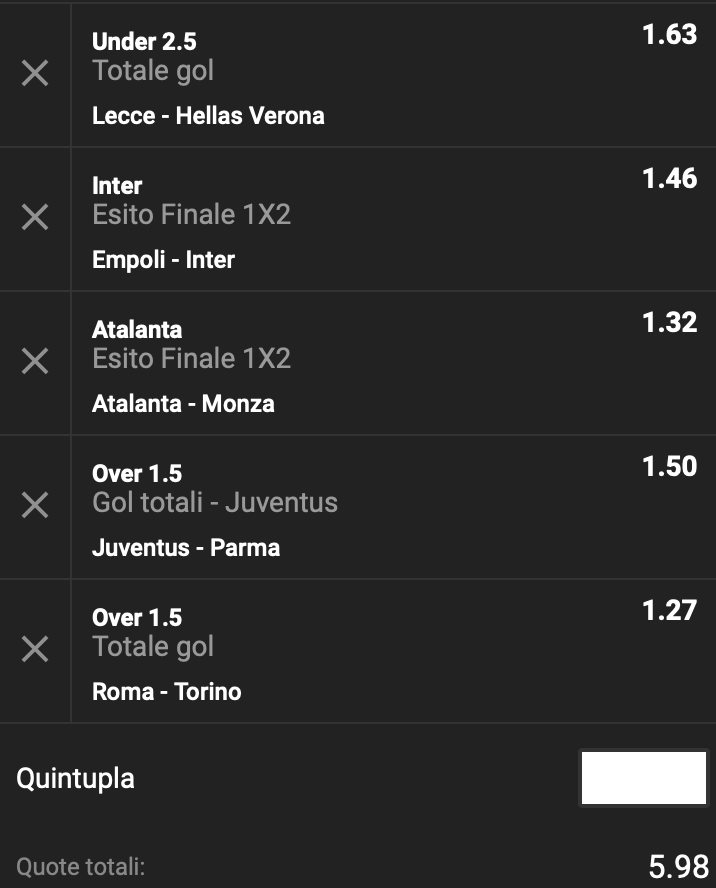 Schedina Serie A 10° giornata